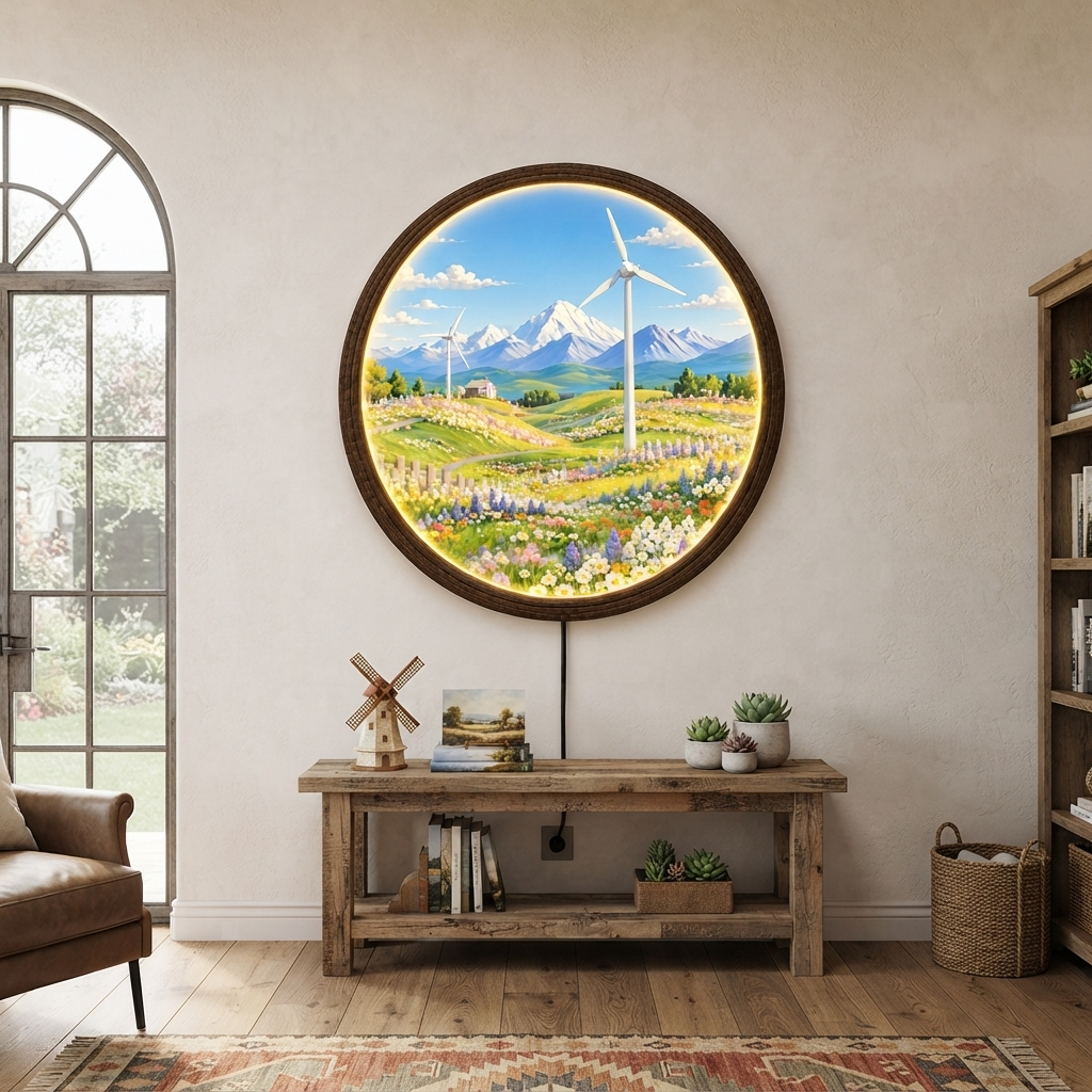 Illuminated Mountain Landscape Round Wall Art – LED Lighted Rustic Home Decor