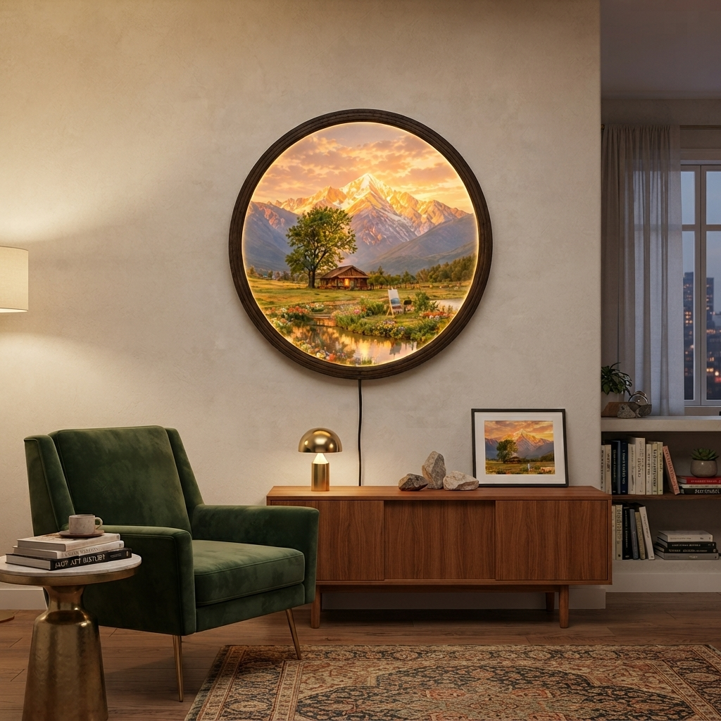 Round Mountain Landscape LED Wall Art – Illuminated Scenic Home Decor
