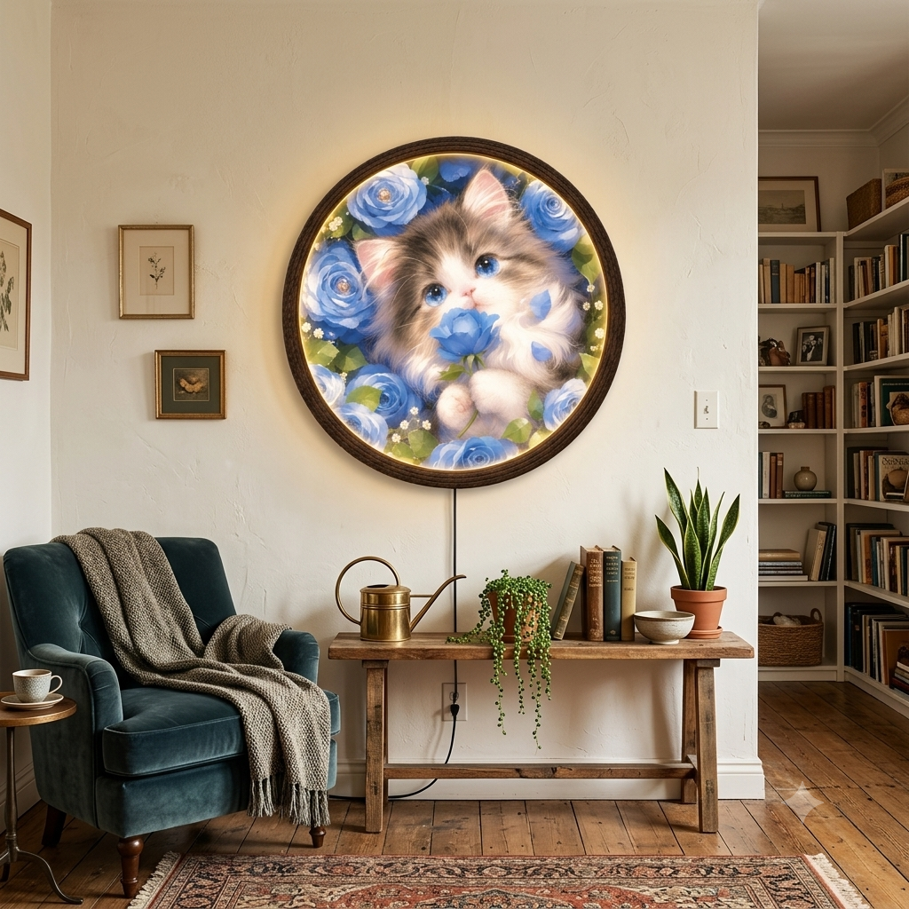Blue Floral Cat LED Wall Art – Round Illuminated Home Decor