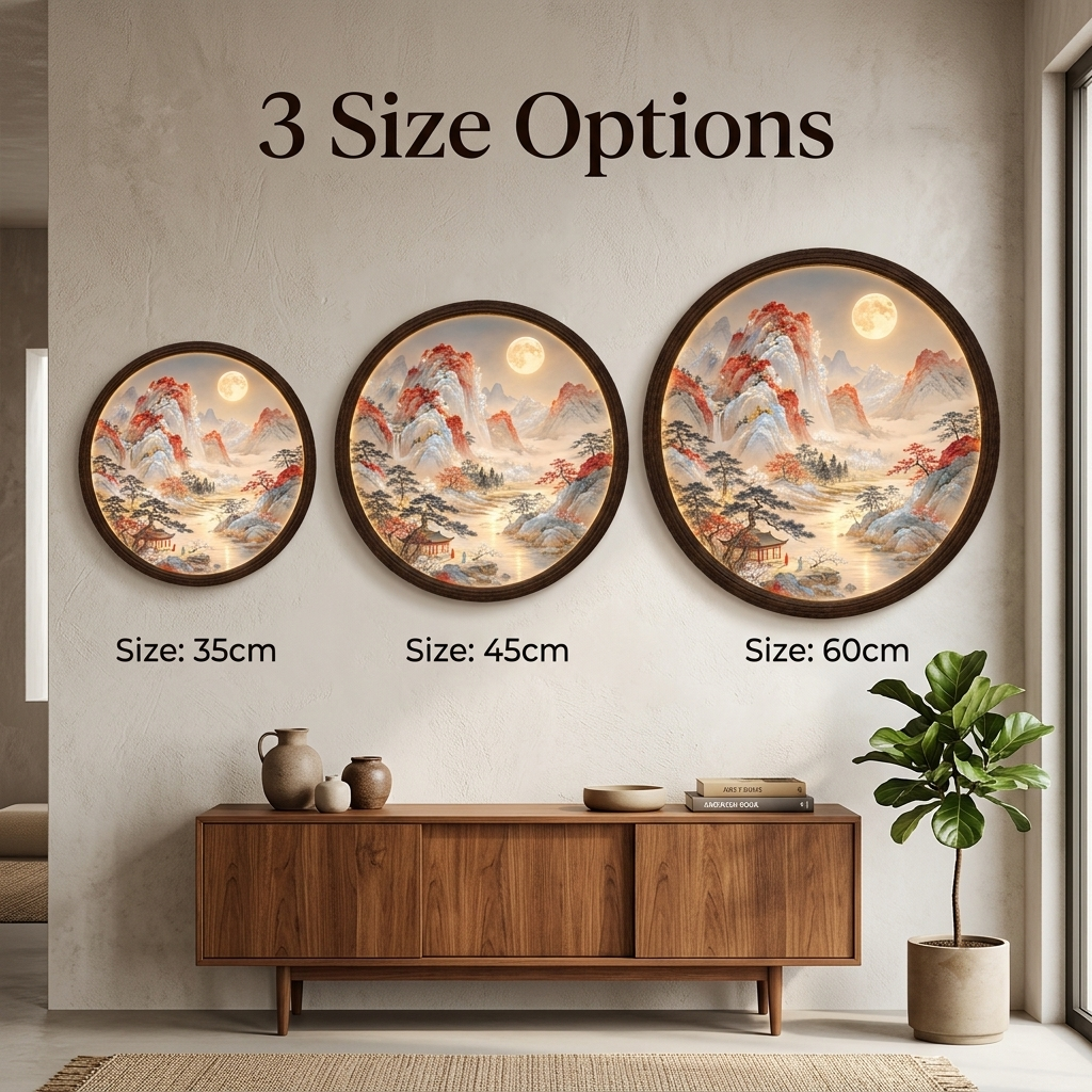 Round LED Mountain Landscape Wall Lamp, Japanese Moonlight Scenery Light, Oriental Wooden Frame Wall Art, Asian Inspired Home Decor
