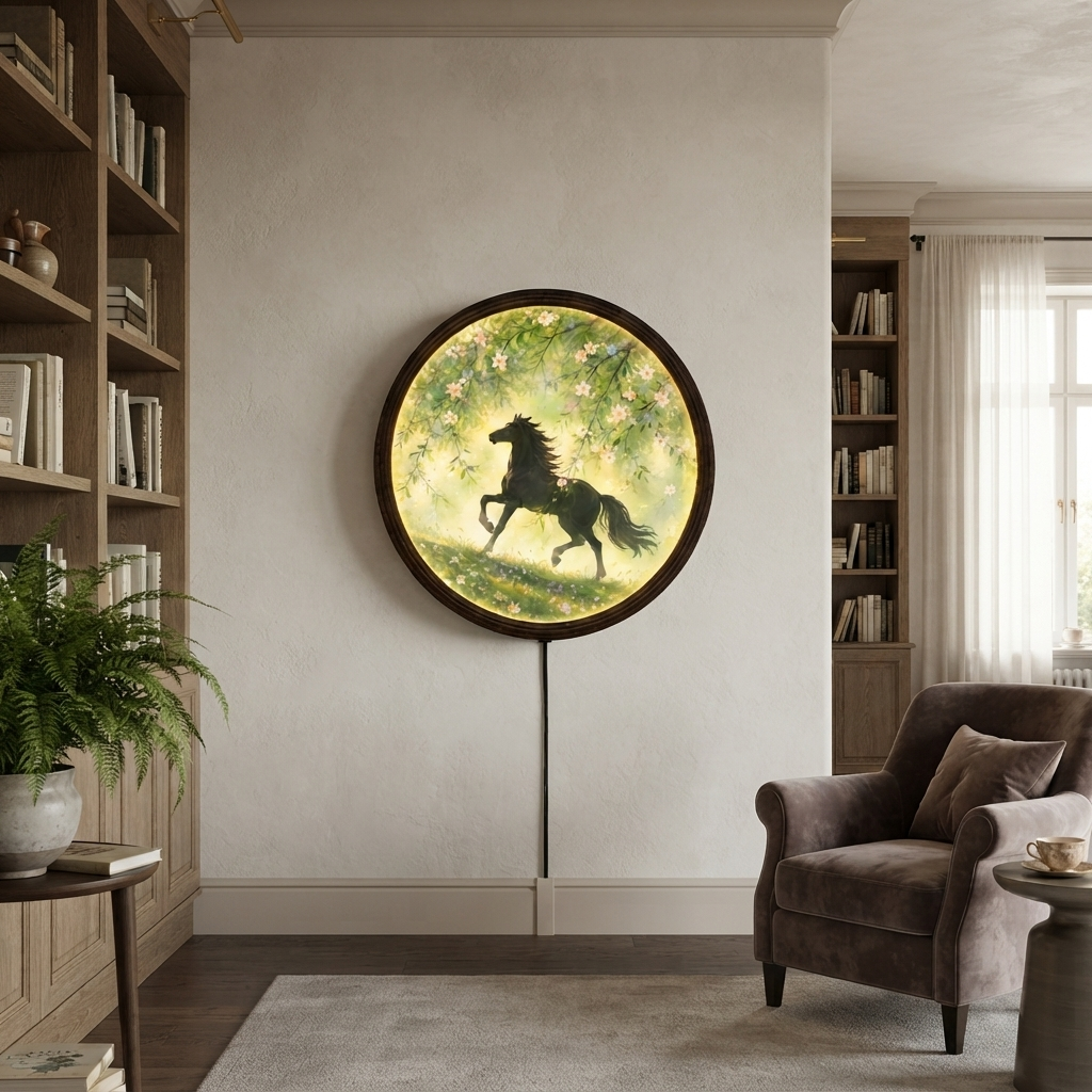 Horse Meadow LED Wall Art – Illuminated Round Rustic Home Decor