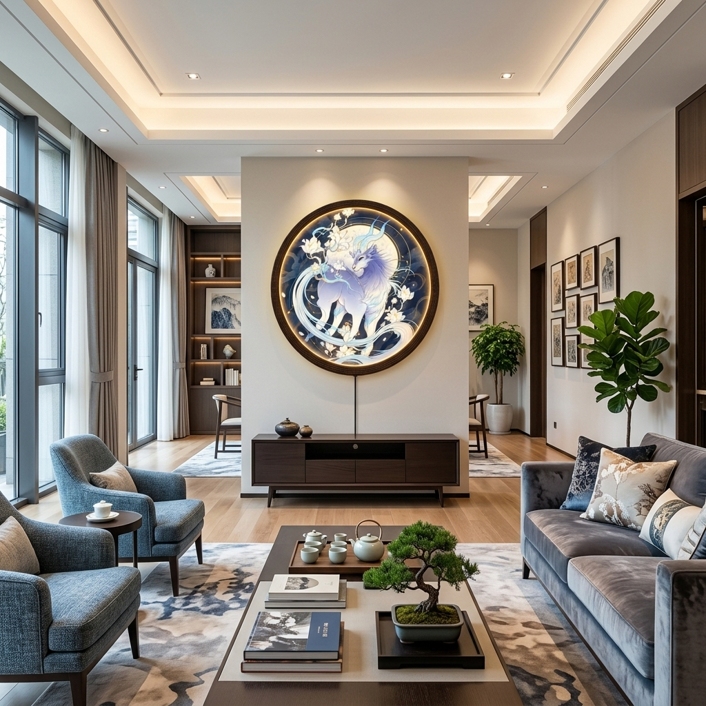 Celestial Qilin LED Light Up Wall Art - Illuminated Round Mythological Creature Decor with Acrylic Face & Wooden Frame