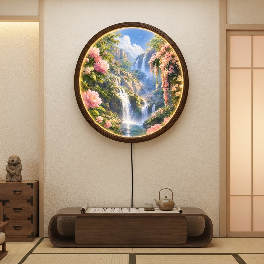 Floral Waterfall LED Wall Art Lamp – Round Illuminated Home Decor