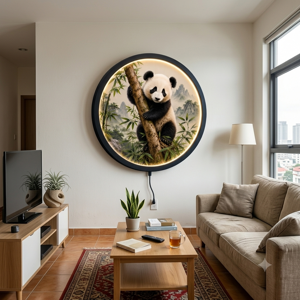 Illuminated Panda Bamboo Wooden LED Wall Art - Round Decorative Night Light