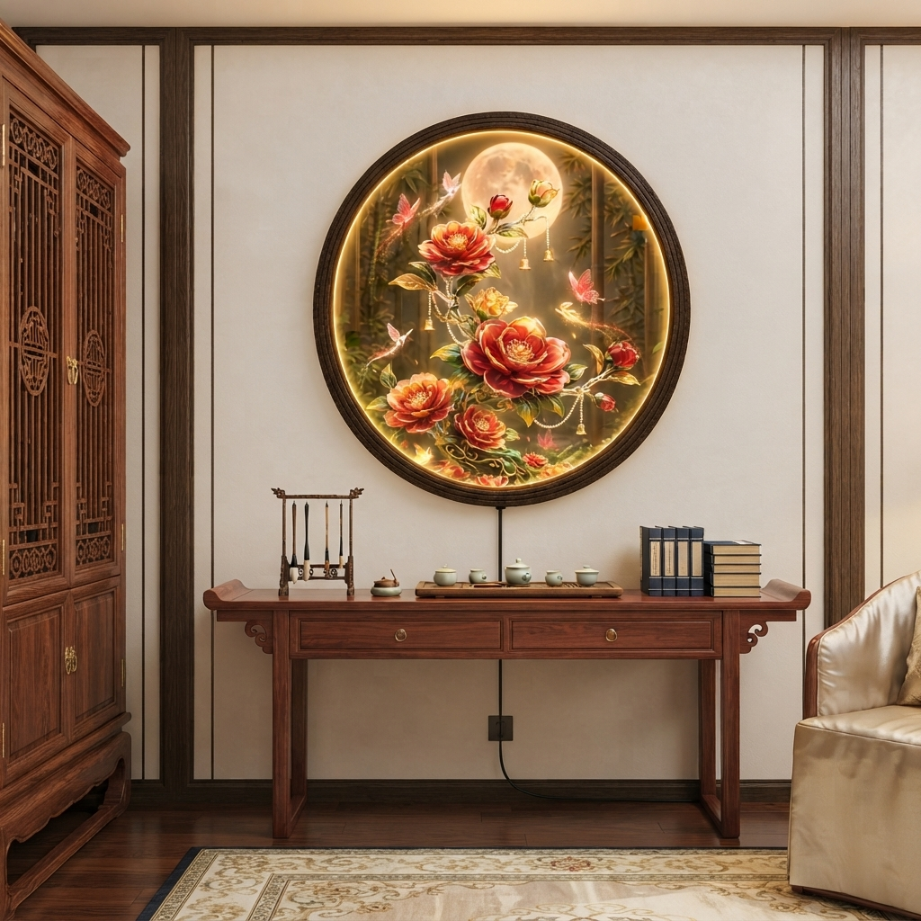 Round LED Wall Lamp with Red Floral Art, Moonlight Design, Wooden Frame, Modern Decorative Wall Light