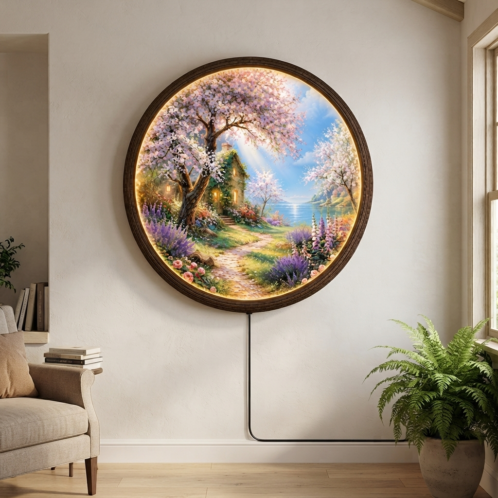 Illuminated Round Blossom Garden Wall Art – LED Lighted Floral Landscape Decor
