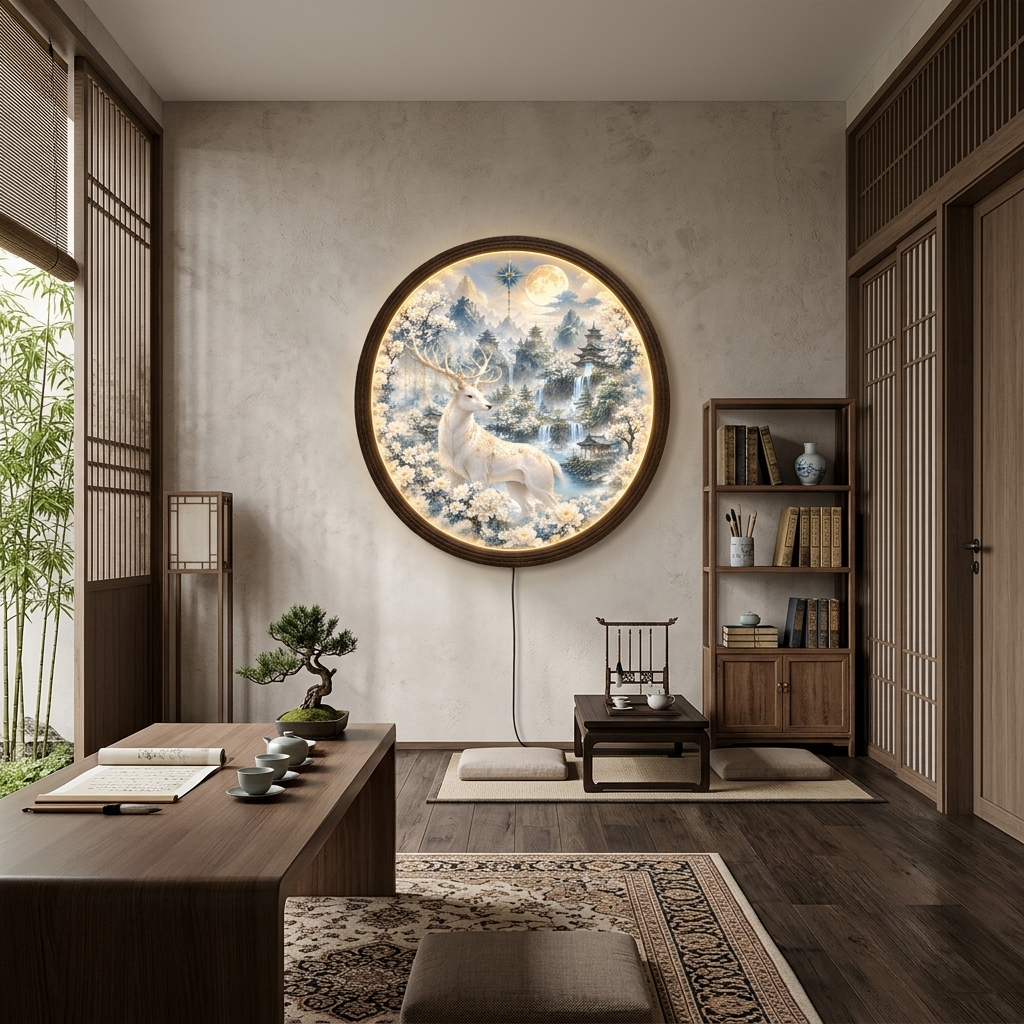 Enchanted White Deer LED Wall Lamp, Round Fantasy Landscape Light, Chinese Pagoda & Moon Home Decor