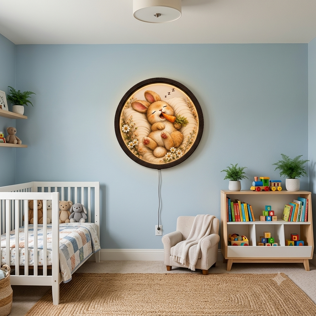 Cute Sleeping Bunny LED Wall Art, Round Wooden Frame Night Light