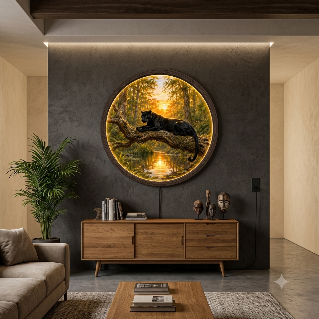 Illuminated Round Black Panther Wall Art - Sunset River Scene, Dimmable LED, Premium Wood Frame