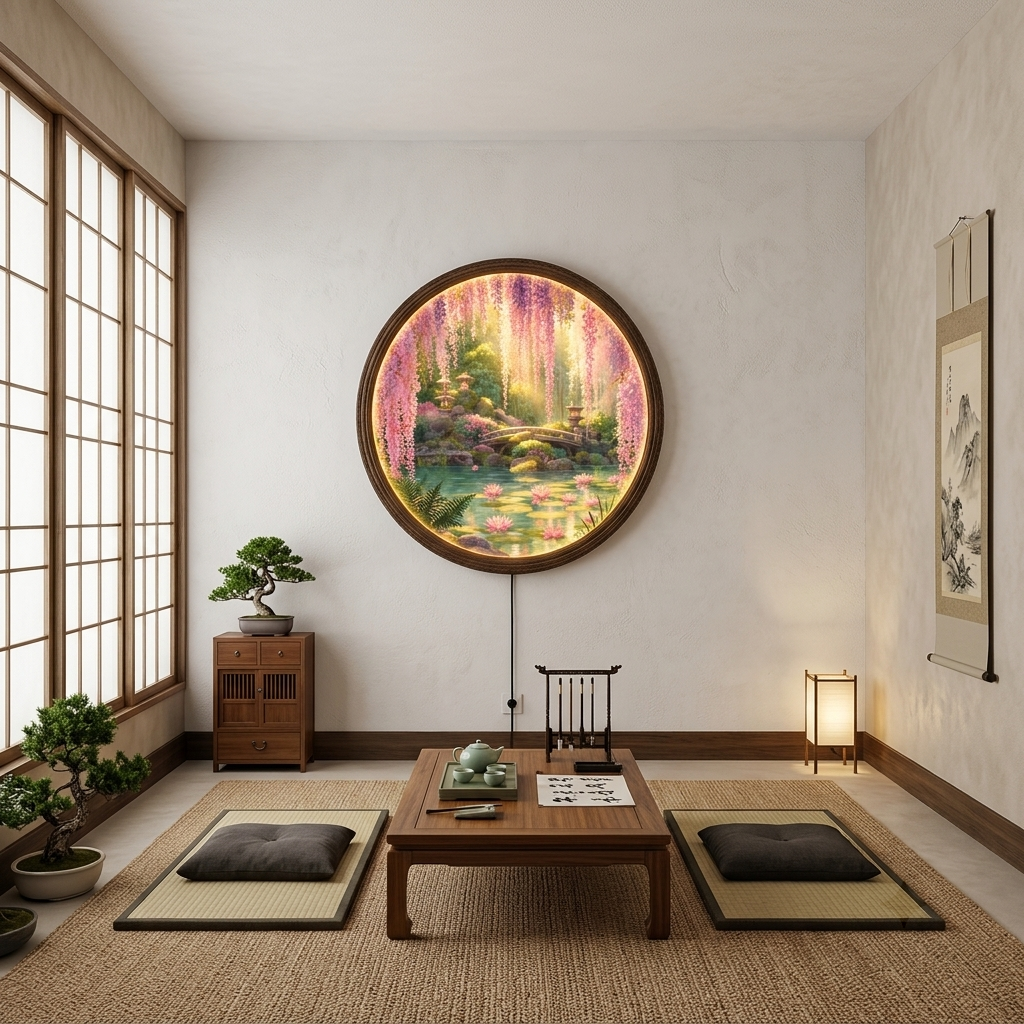 Japanese Garden LED Wall Art – Round Illuminated Floral Wall Decor