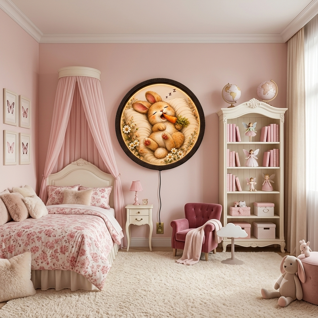 Cute Sleeping Bunny LED Wall Art, Round Wooden Frame Night Light