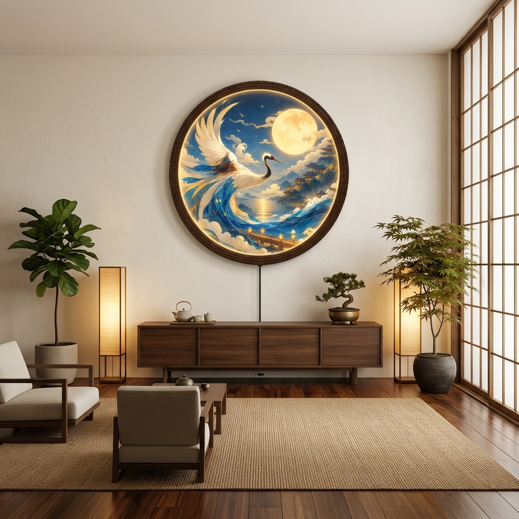 Japanese Crane Under Full Moon LED Wall Art – Illuminated Round Wooden Frame Light Box Decorative Sign