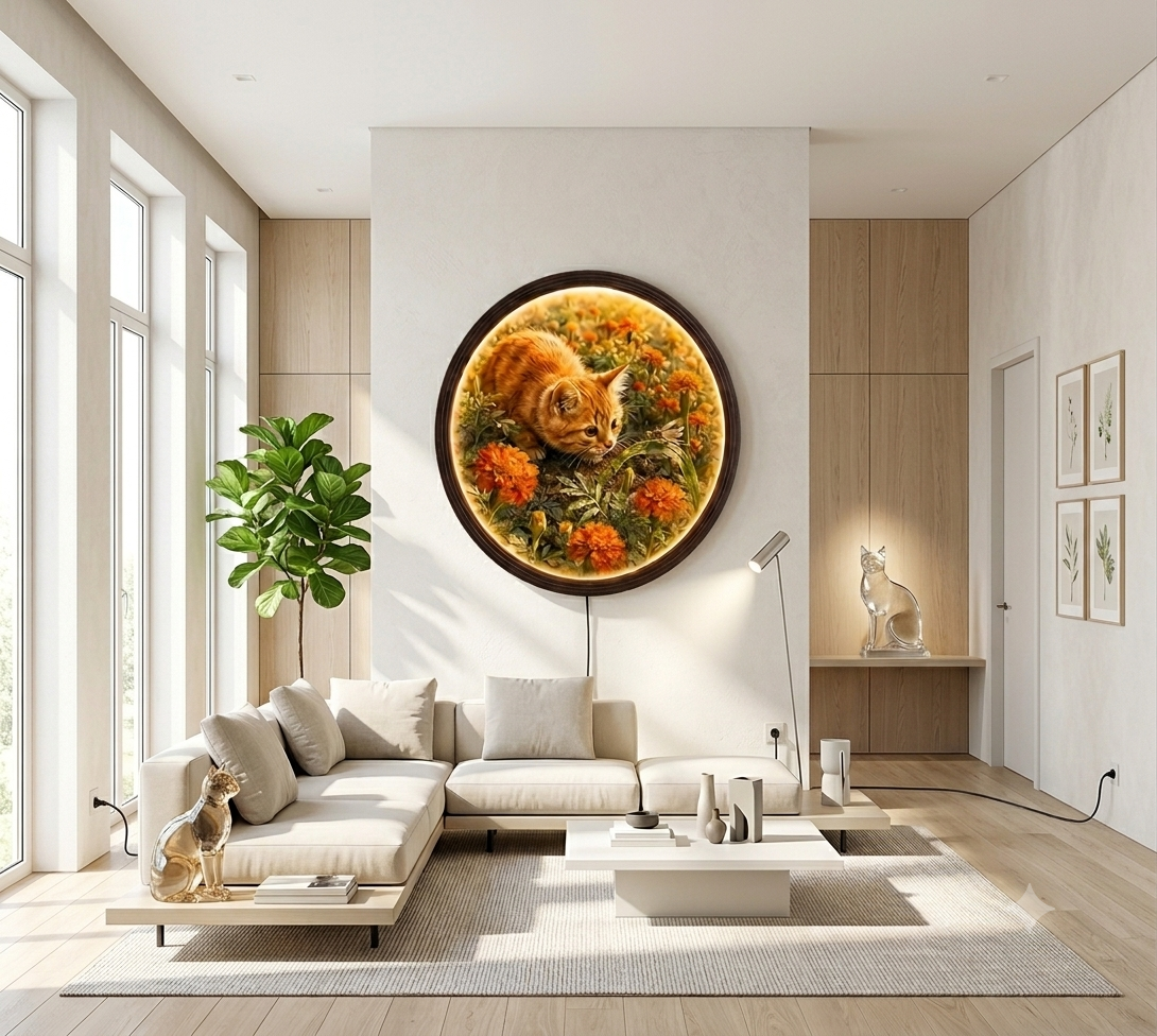 Round Wooden Frame Orange Tabby Cat Wall Art - Nature Scene with Marigolds and Dragonfly, LED Backlit