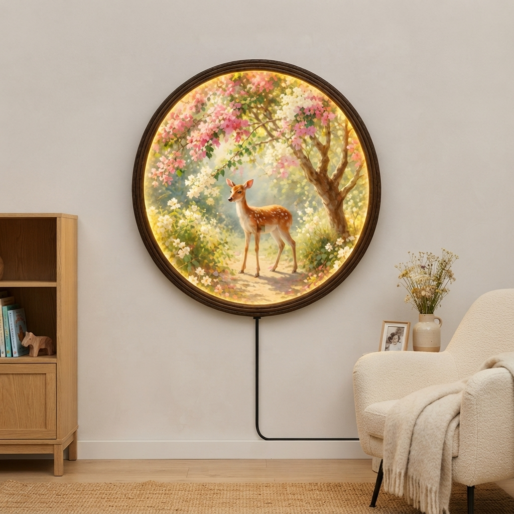 Illuminated Deer Garden Round Wall Art – LED Lighted Nature Wall Decor