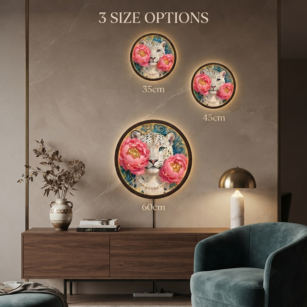 Illuminated Snow Leopard Floral Wall Art – Round LED Wall Decor