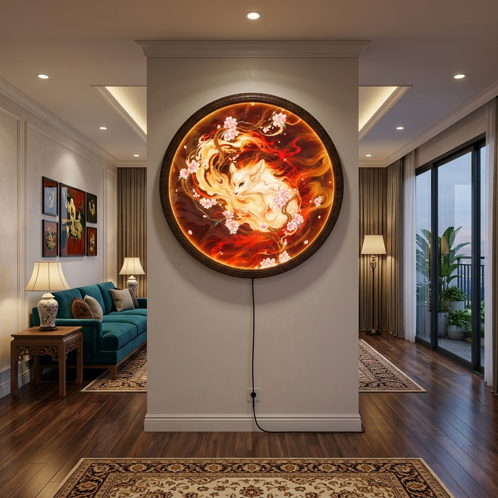 Glowing Nine-Tailed Fox LED Wall Art Light – Japanese Kitsune & Cherry Blossom Illuminated Round Frame