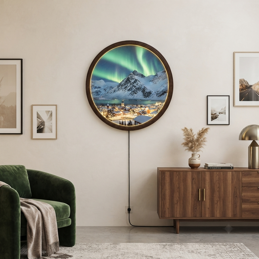 Northern Lights Mountain Village Embroidered Patch, Snowy Landscape Scenic Embroidery Patch, Aurora Borealis Outdoor Adventure Patch