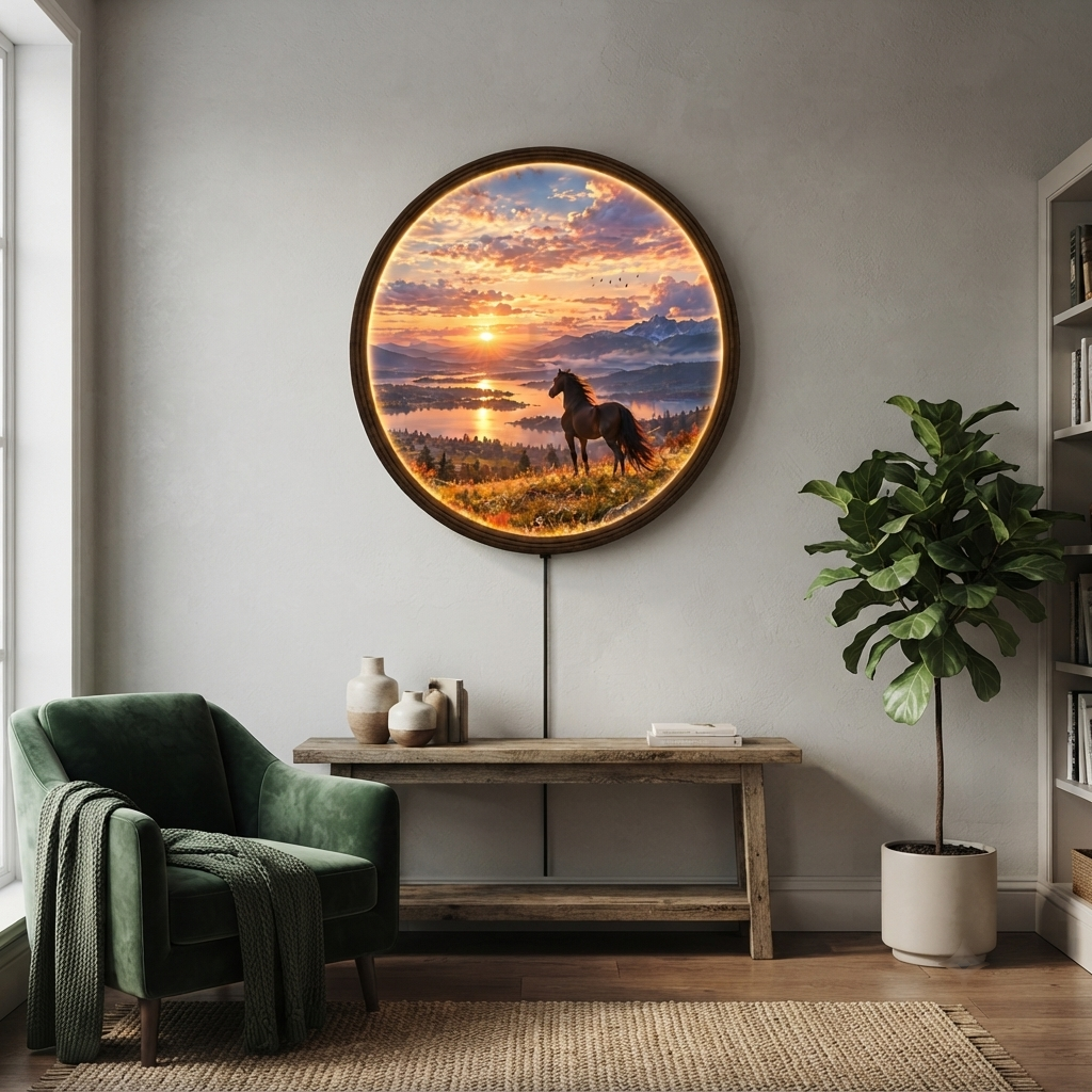 Illuminated Horse Sunset Landscape Round Wall Art – LED Lighted Rustic Home Decor