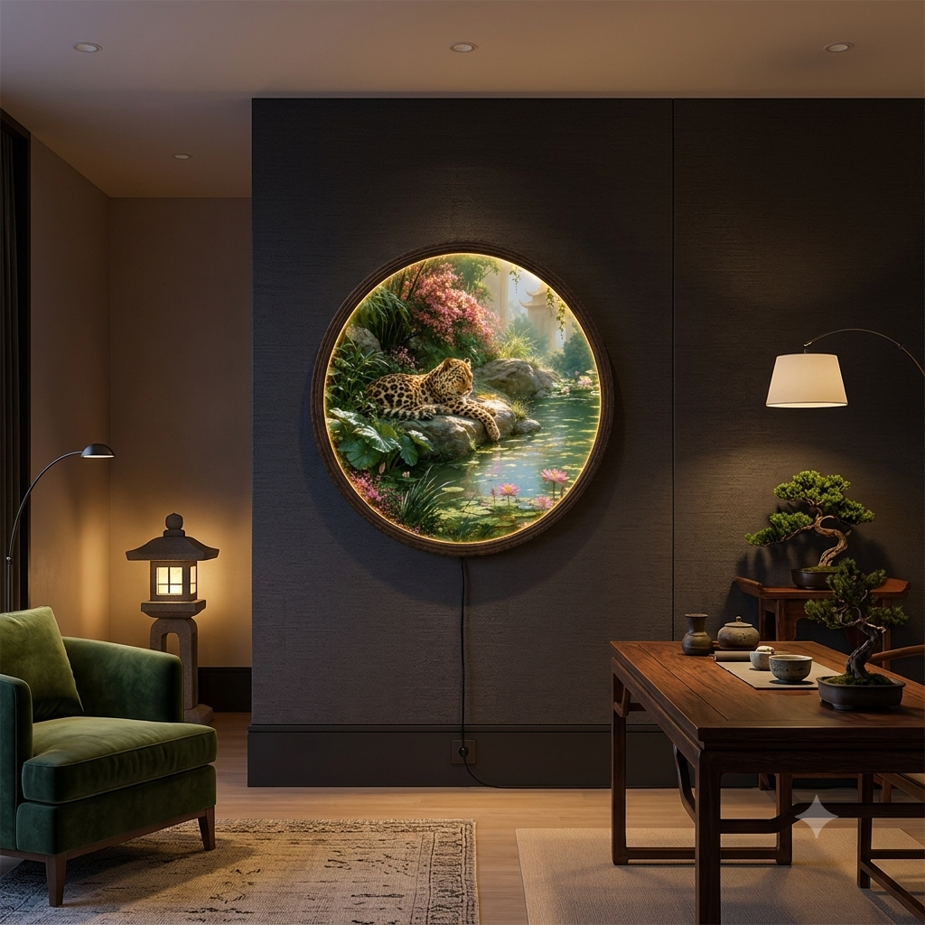 LED Illuminated Round Wall Art – Oriental Leopard & Lotus Garden Canvas Decor