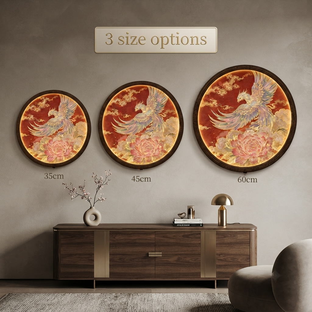 Round Phoenix LED Wall Lamp with Peony Floral Art, Oriental Luxury Illuminated Wall Decor