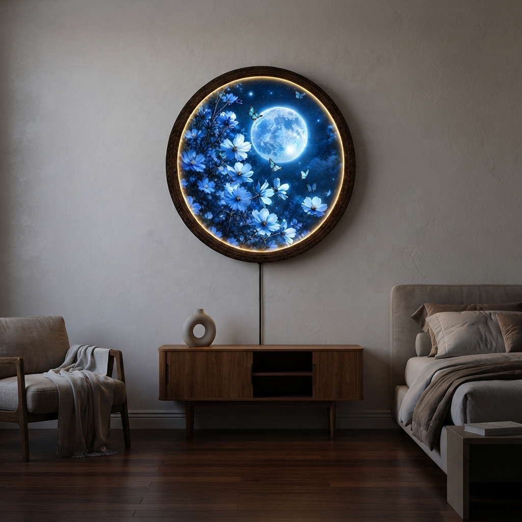Moonlit Blue Butterfly Garden LED Wall Art – Round Illuminated Floral Wall Decor