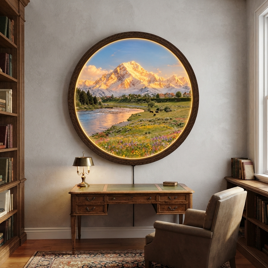 Mountain Landscape LED Wall Art – Round Illuminated Scenic Home Decor