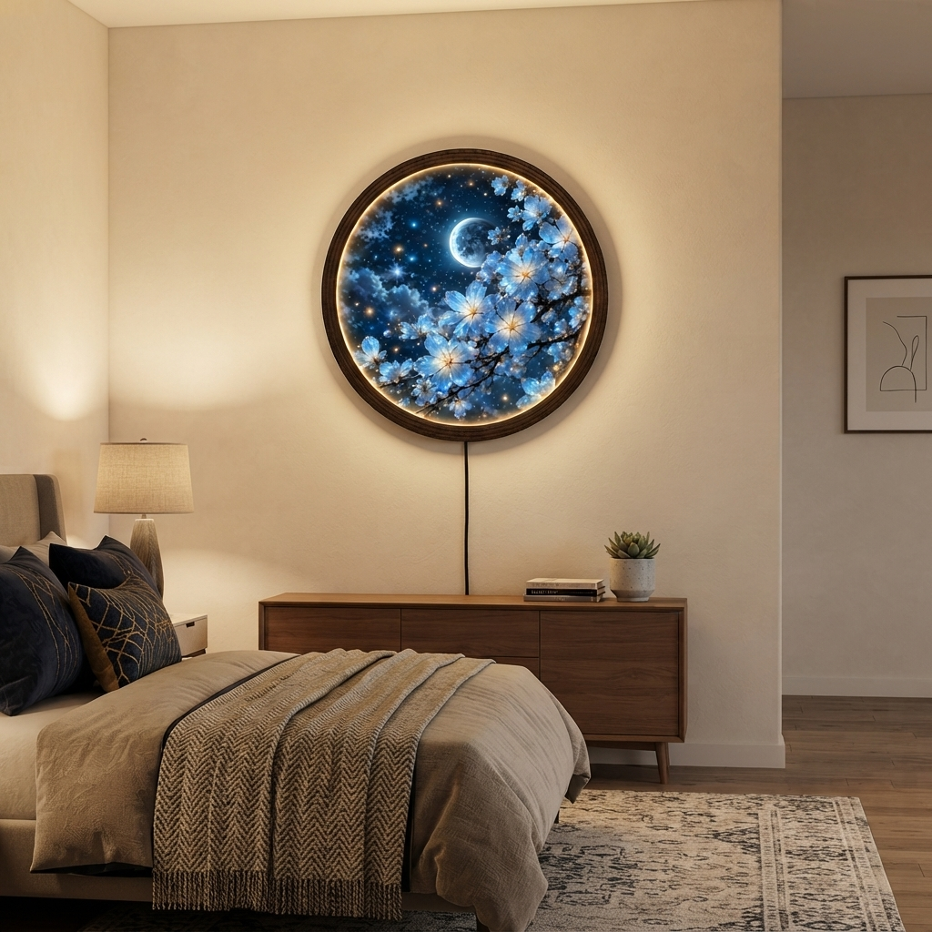 Moonlit Blue Blossom LED Round Wall Art – Illuminated Floral Home Decor