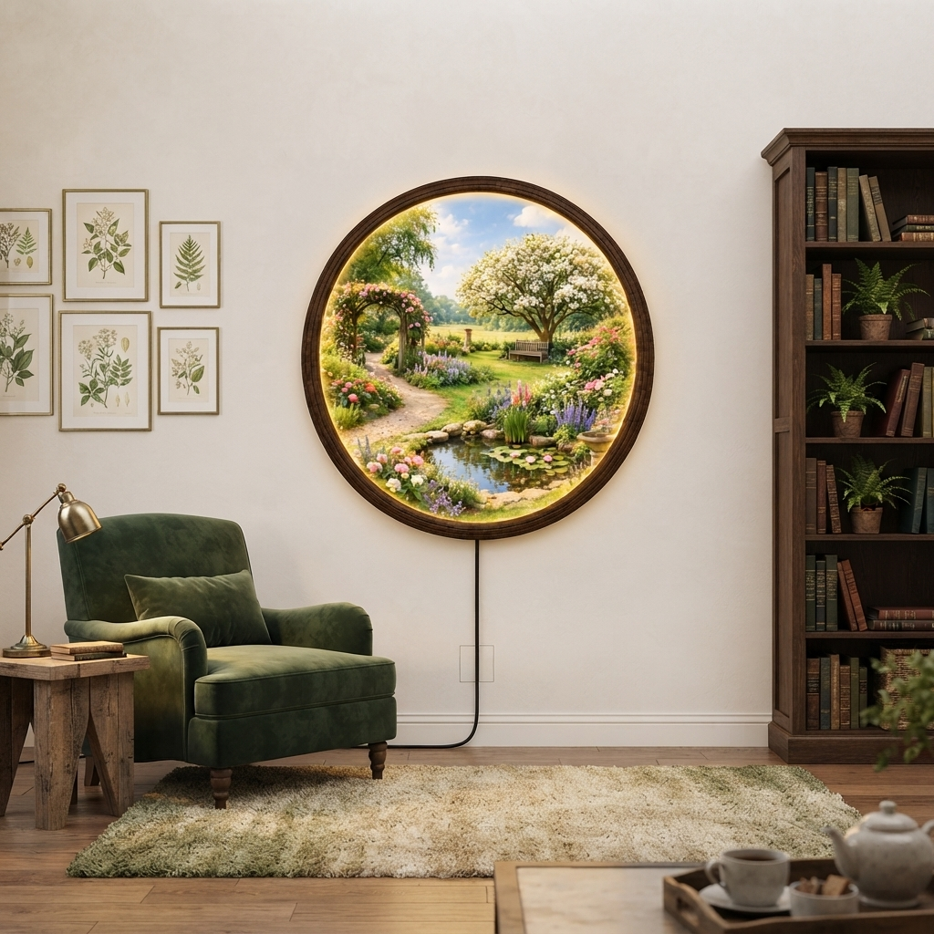 Round Garden LED Wall Art Light – Illuminated Floral Landscape Home Decor