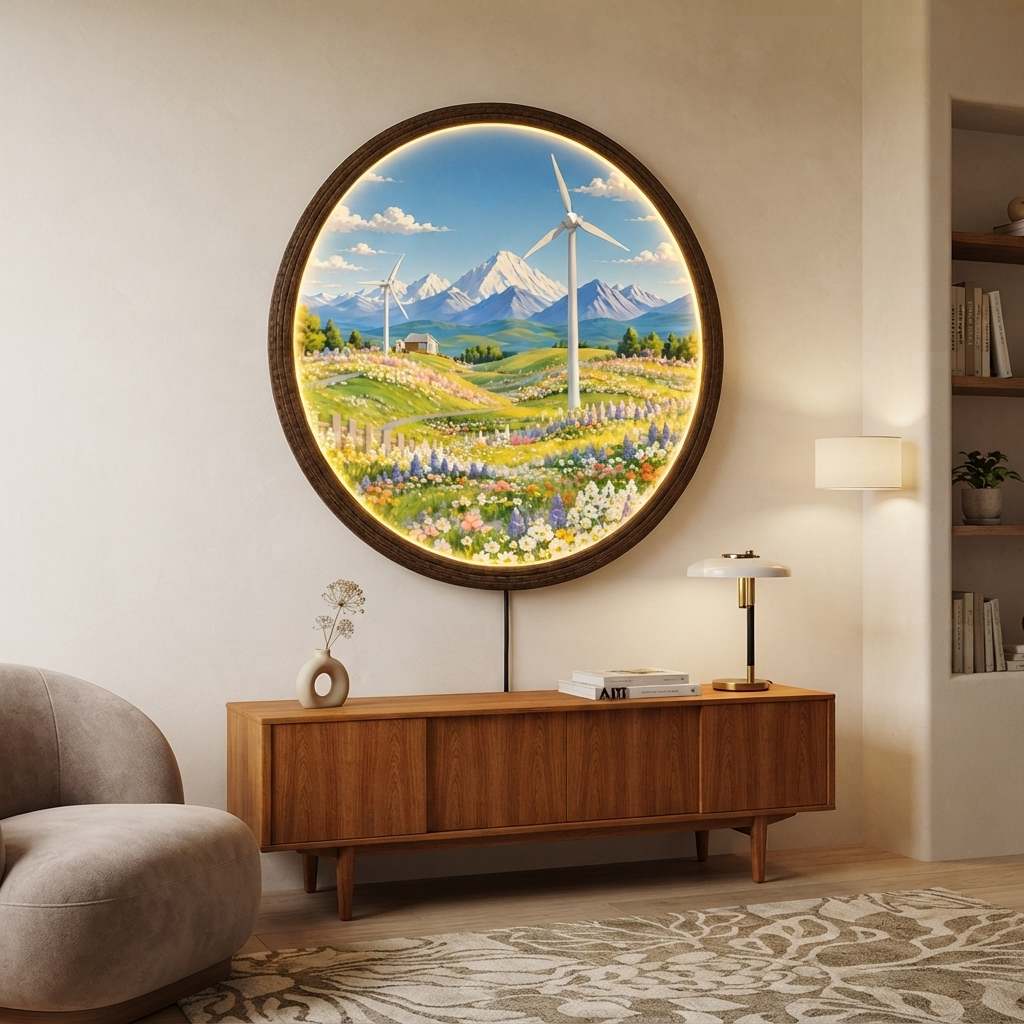 Illuminated Mountain Landscape Round Wall Art – LED Lighted Rustic Home Decor