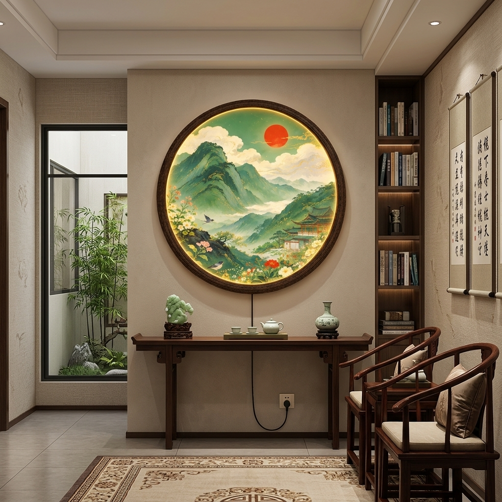 Round LED Mountain Landscape Wall Lamp, Illuminated Asian Scenery Wall Decor