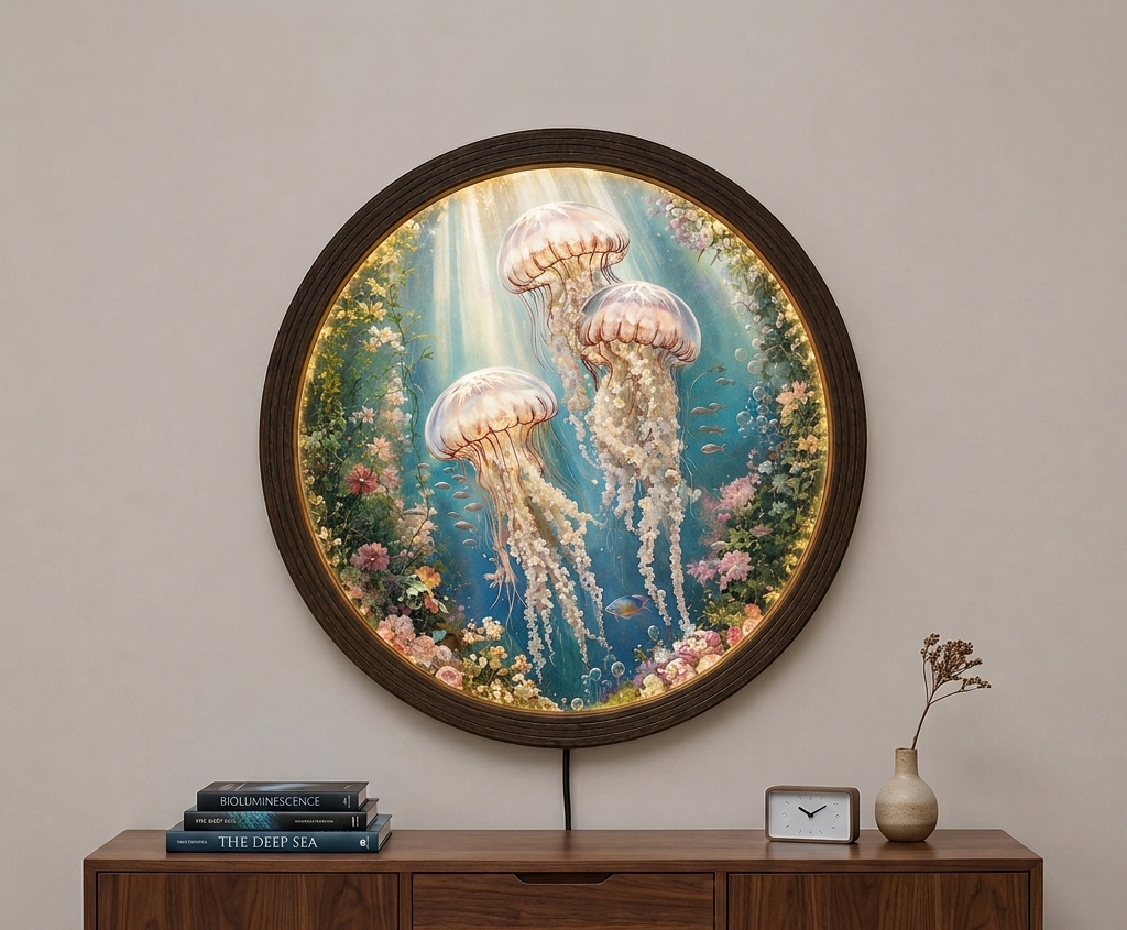 Illuminated Round Jellyfish Ocean Wall Art – LED Light-Up Coastal Wooden Framed Sign