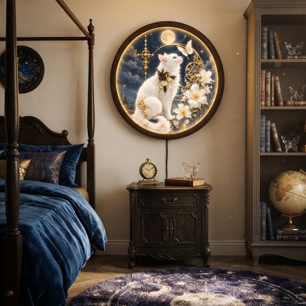 Mystical White Cat LED Wall Art – Round Illuminated Home Decor