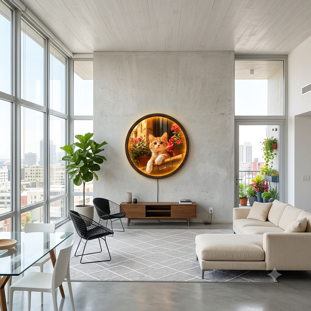 Cute Orange Cat with Flowers Illuminated Round Wall Art | LED Backlit Wooden Frame Wall Decor
