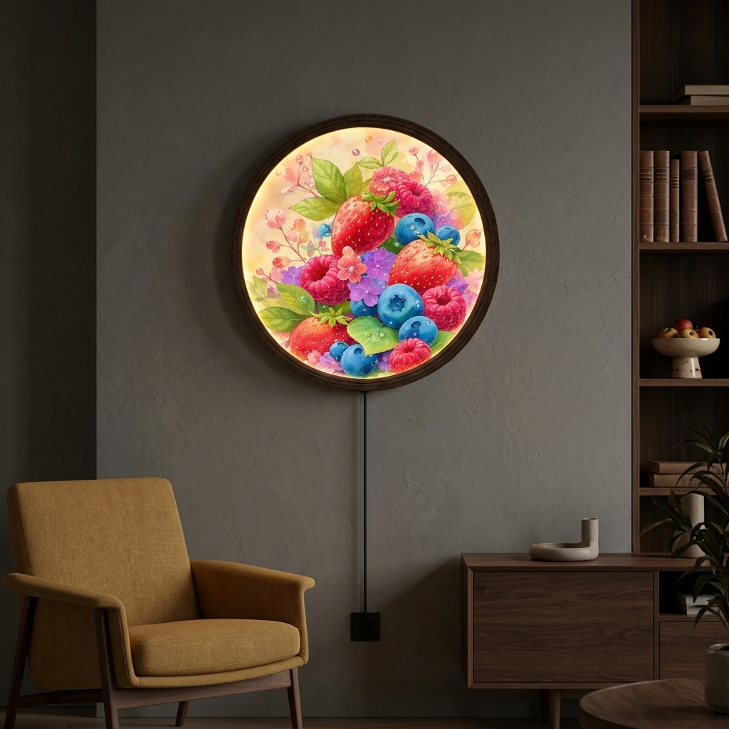 Illuminated Berry Blossom LED Wall Art, Round Floral Light Decor