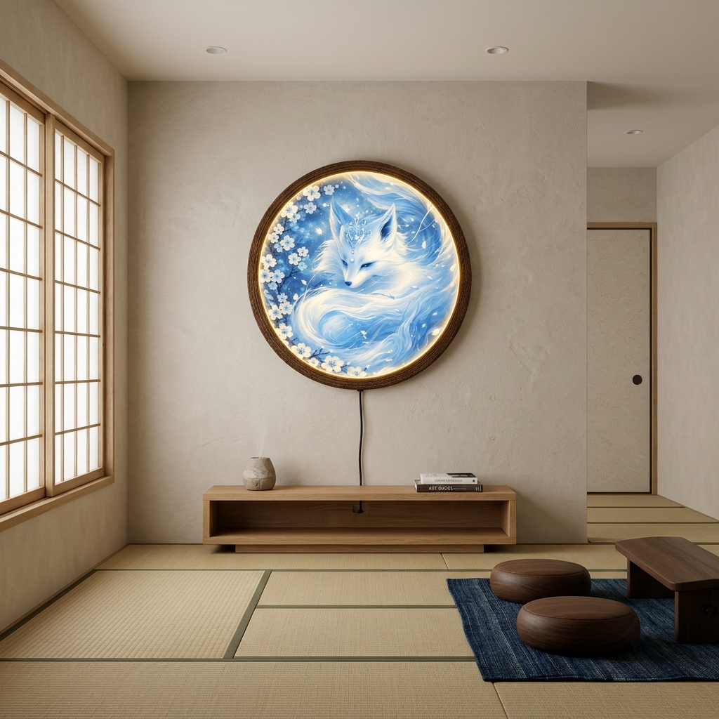 Glowing Blue Fox LED Wall Lamp, Round Japanese Fantasy Wall Art, Illuminated Home Decor with Wooden Frame