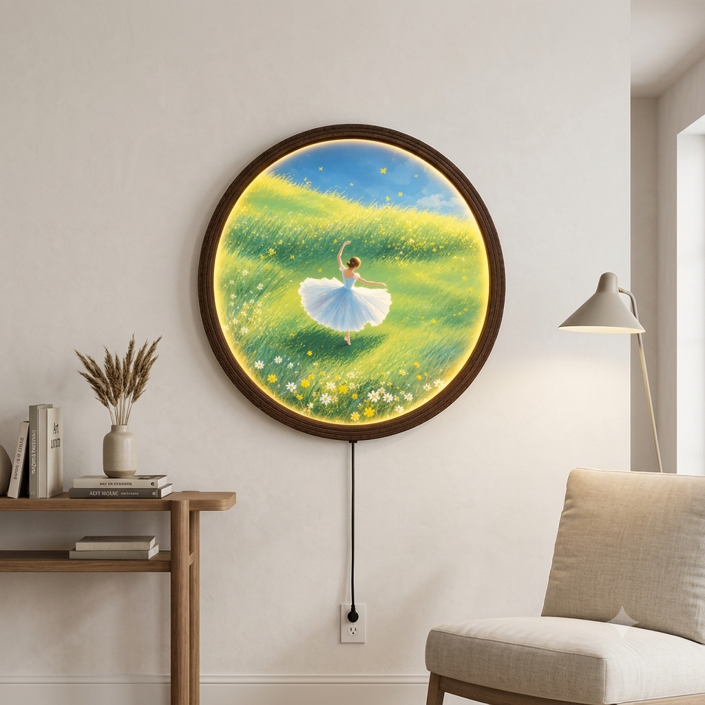 Whimsical Ballerina Meadow LED Wall Art – Round Illuminated Wall Decor