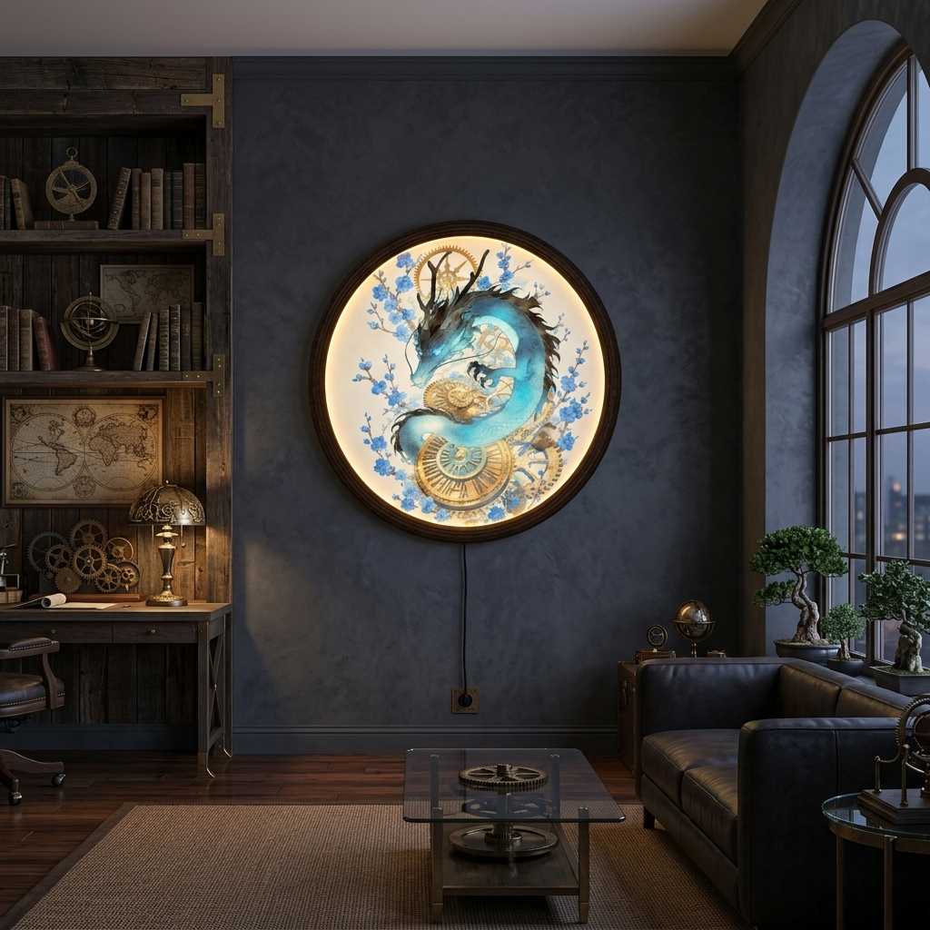 Blue Dragon LED Wall Light, Steampunk Gear Round Wall Art, Japanese Cherry Blossom Wall Decor, Modern Fantasy Home Lighting