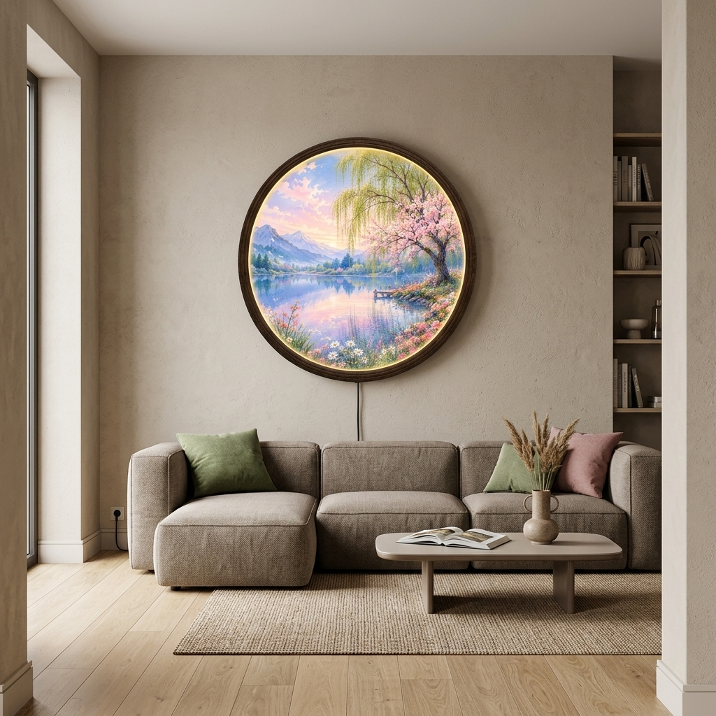 Round Cherry Blossom Lake LED Wall Art – Japanese Landscape Illuminated Wall Decor