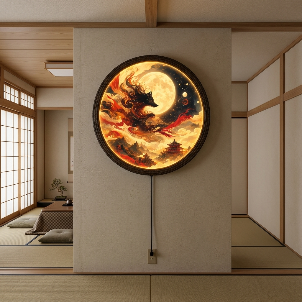 Mystical Nine-Tailed Fox Under Full Moon LED Wall Light – Illuminated Japanese Kitsune Round Wall Art Decor