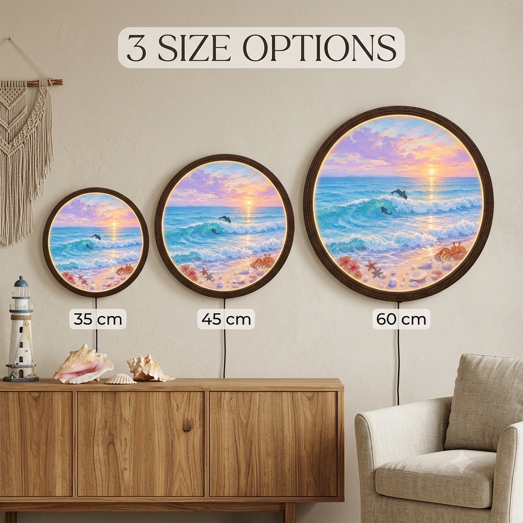 Coastal Sunset LED Wall Art – Round Ocean Wall Decor with Dolphins & Sea Life