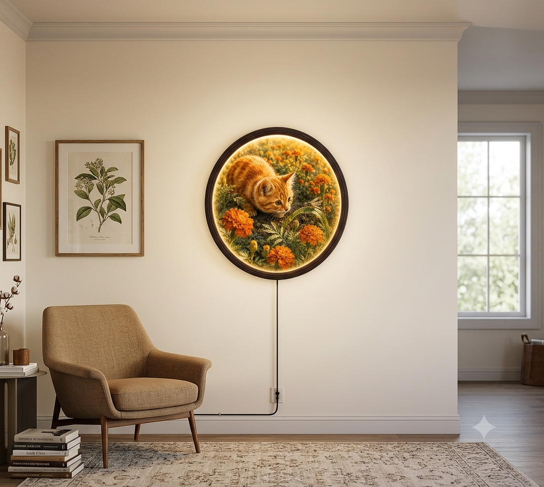Round Wooden Frame Orange Tabby Cat Wall Art - Nature Scene with Marigolds and Dragonfly, LED Backlit