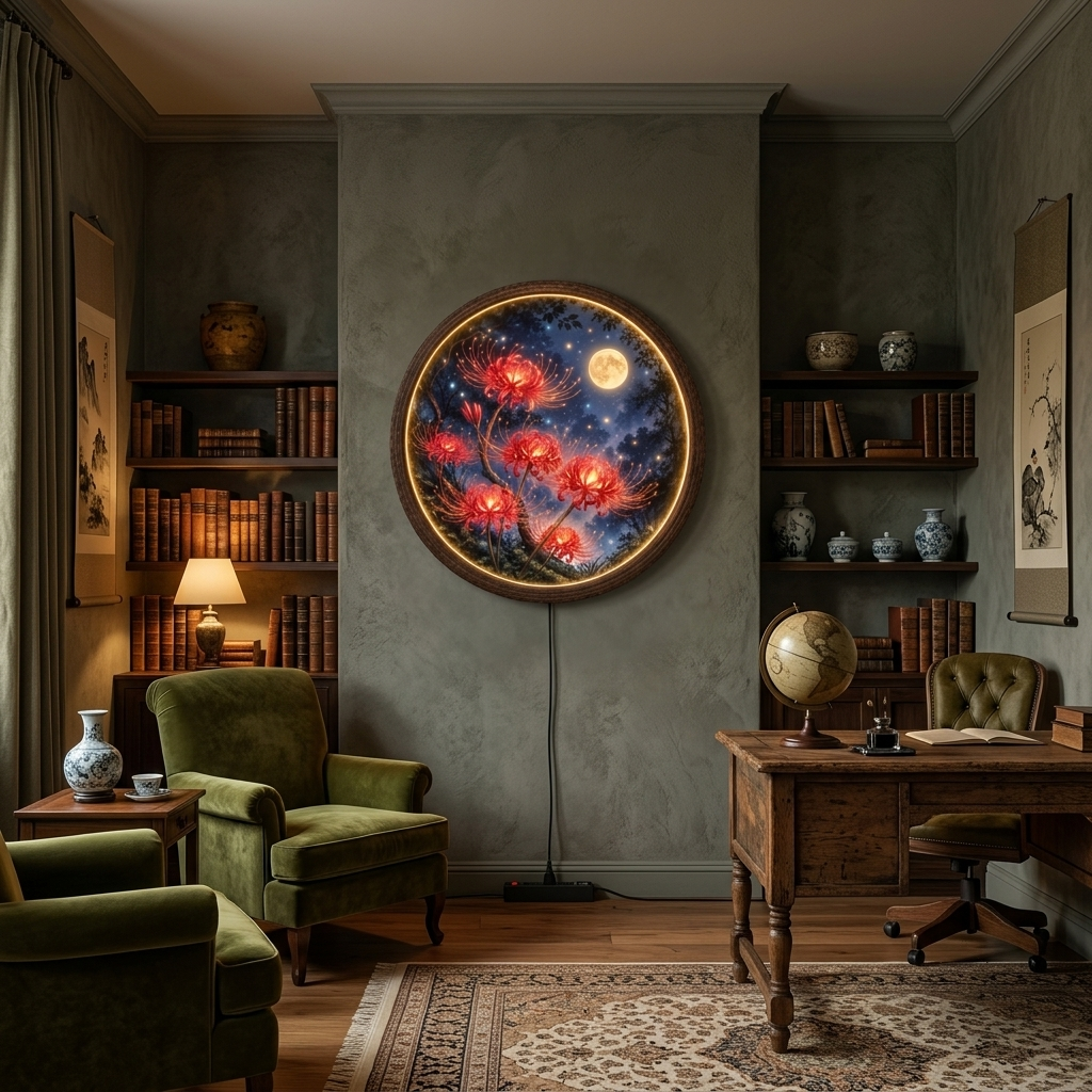 Round LED Wall Art with Red Spider Lilies and Moon – Japanese-Inspired Illuminated Wall Decor