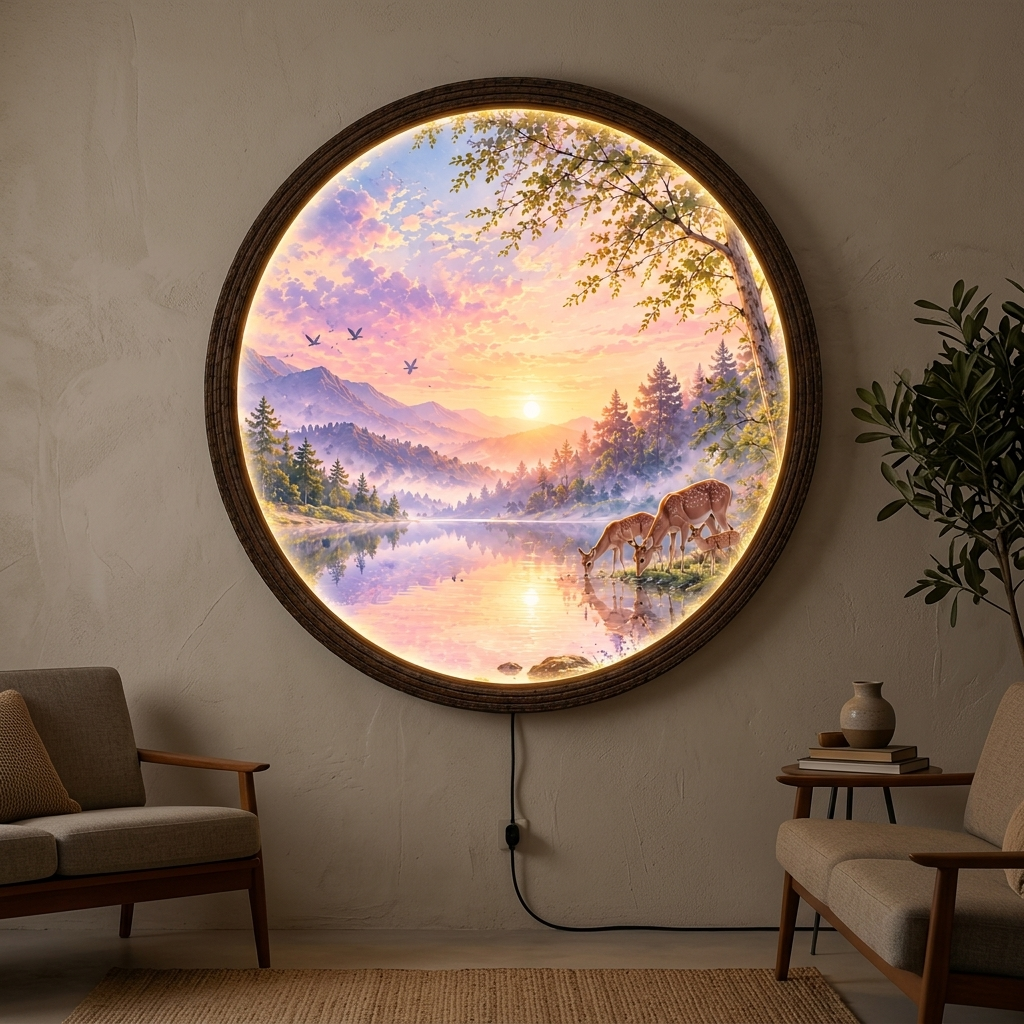 Illuminated Mountain Lake Wall Art – Rustic Nature LED Round Wall Decor