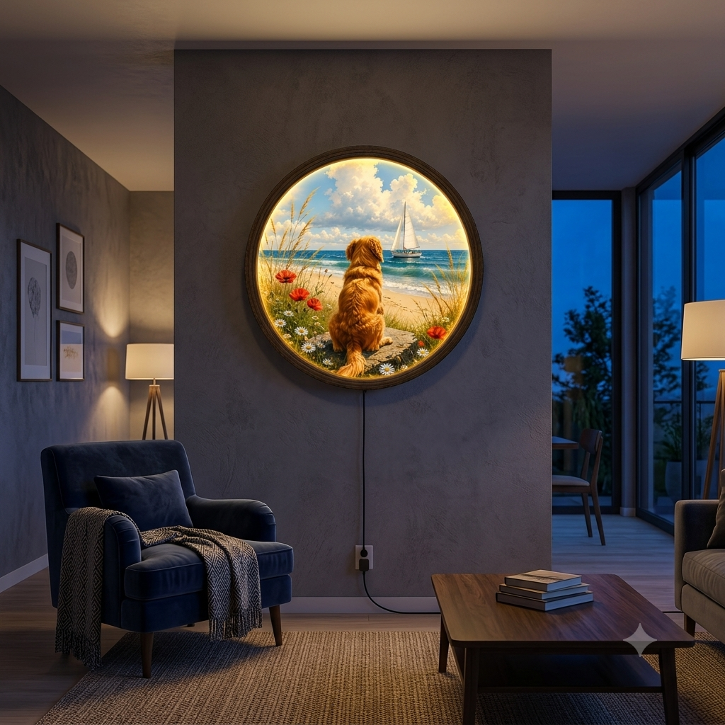 Golden Retriever Beach & Sailboat LED Wall Art – Round Illuminated Coastal Home Decor