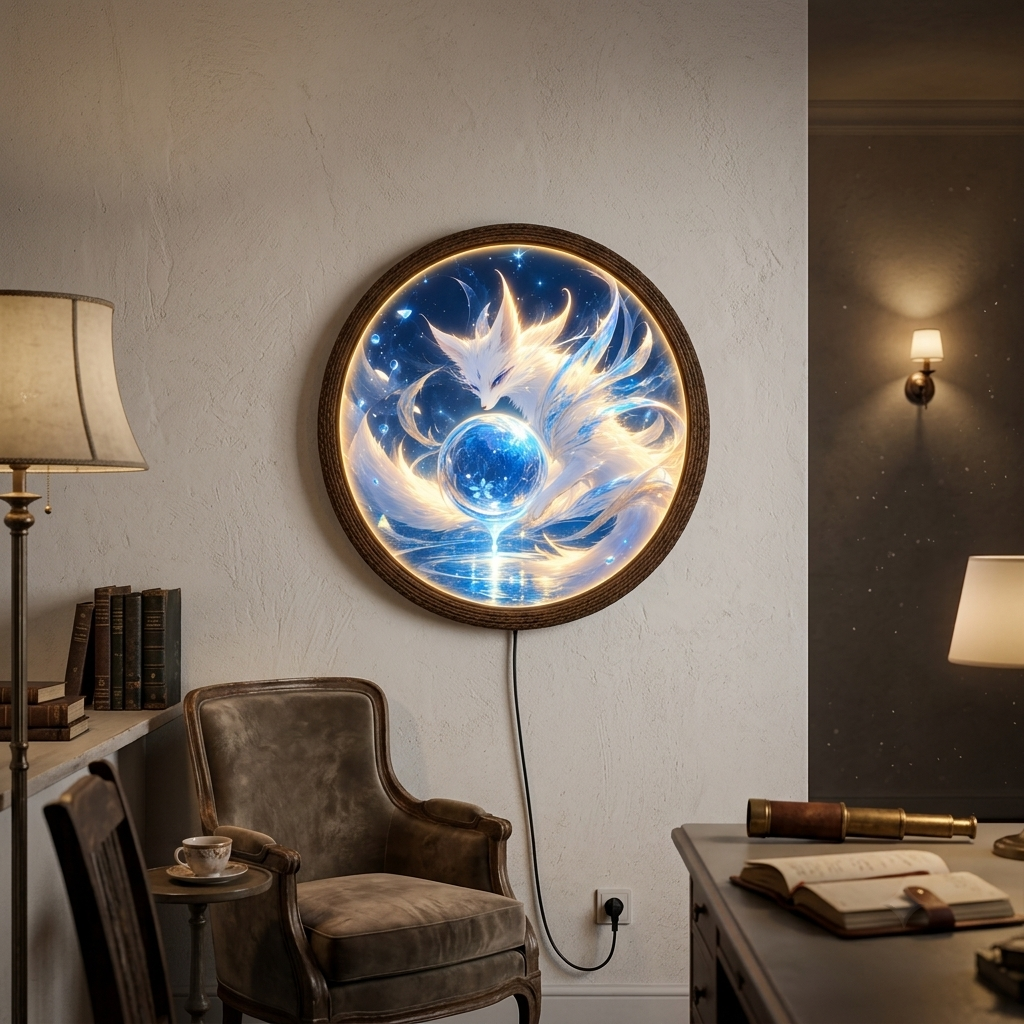 Luminous Fox Spirit LED Wall Art – Round Fantasy Lighted Wall Decor