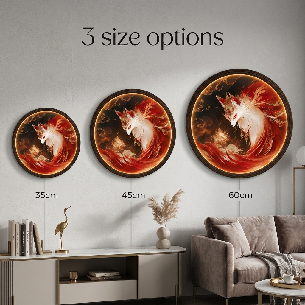 Glowing Kitsune LED Wall Art, Japanese Fantasy Round Lighted Wall Decor, Wooden Frame Illuminated Picture for Home Decor