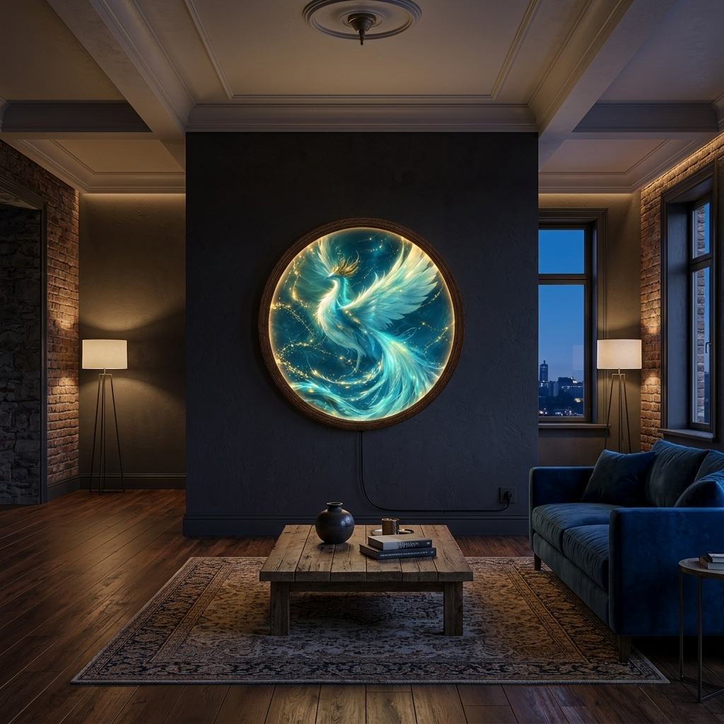 Glowing Phoenix LED Round Wall Art – Turquoise Fantasy Wall Light