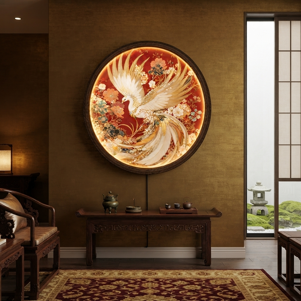 Round LED Phoenix Wall Lamp, Golden Bird Illuminated Wall Art, Oriental Floral Home Decor