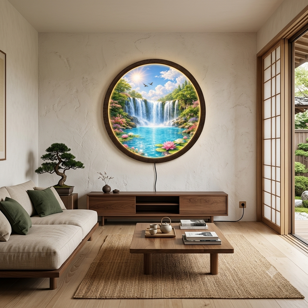 Waterfall Landscape LED Wall Art – Round Illuminated Home Decor