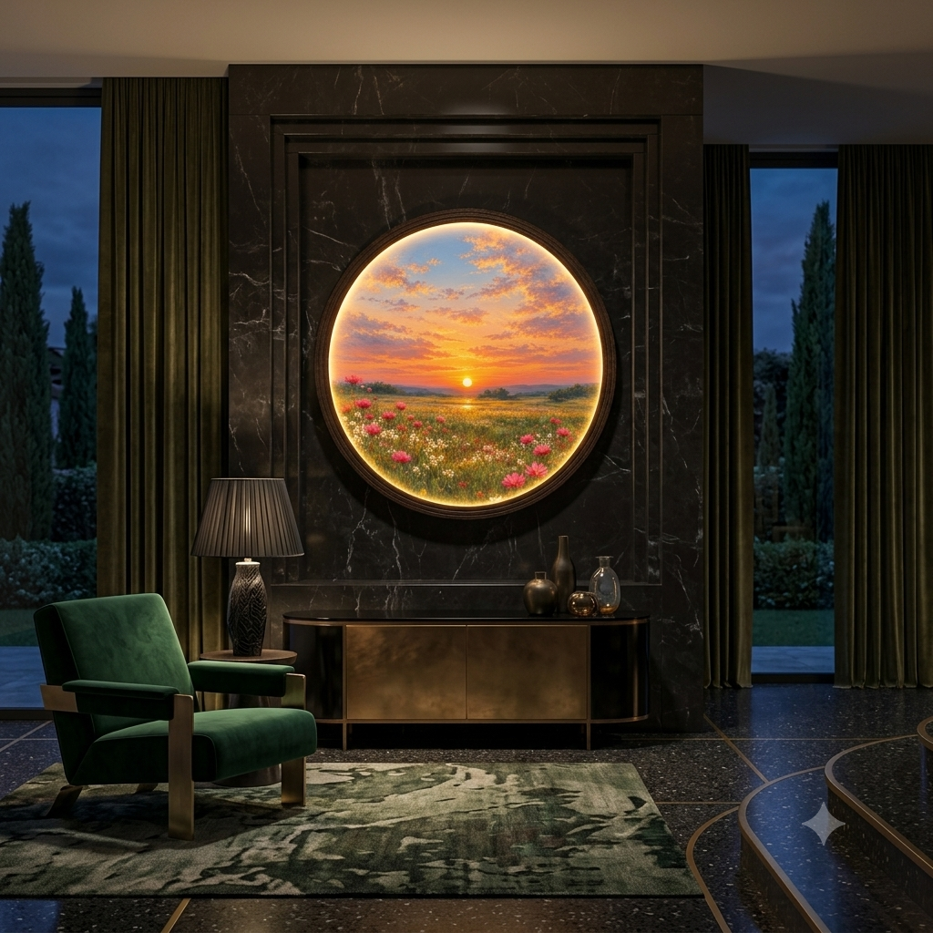 Sunset Wildflower Meadow LED Wall Art – Round Illuminated Floral Landscape Decor